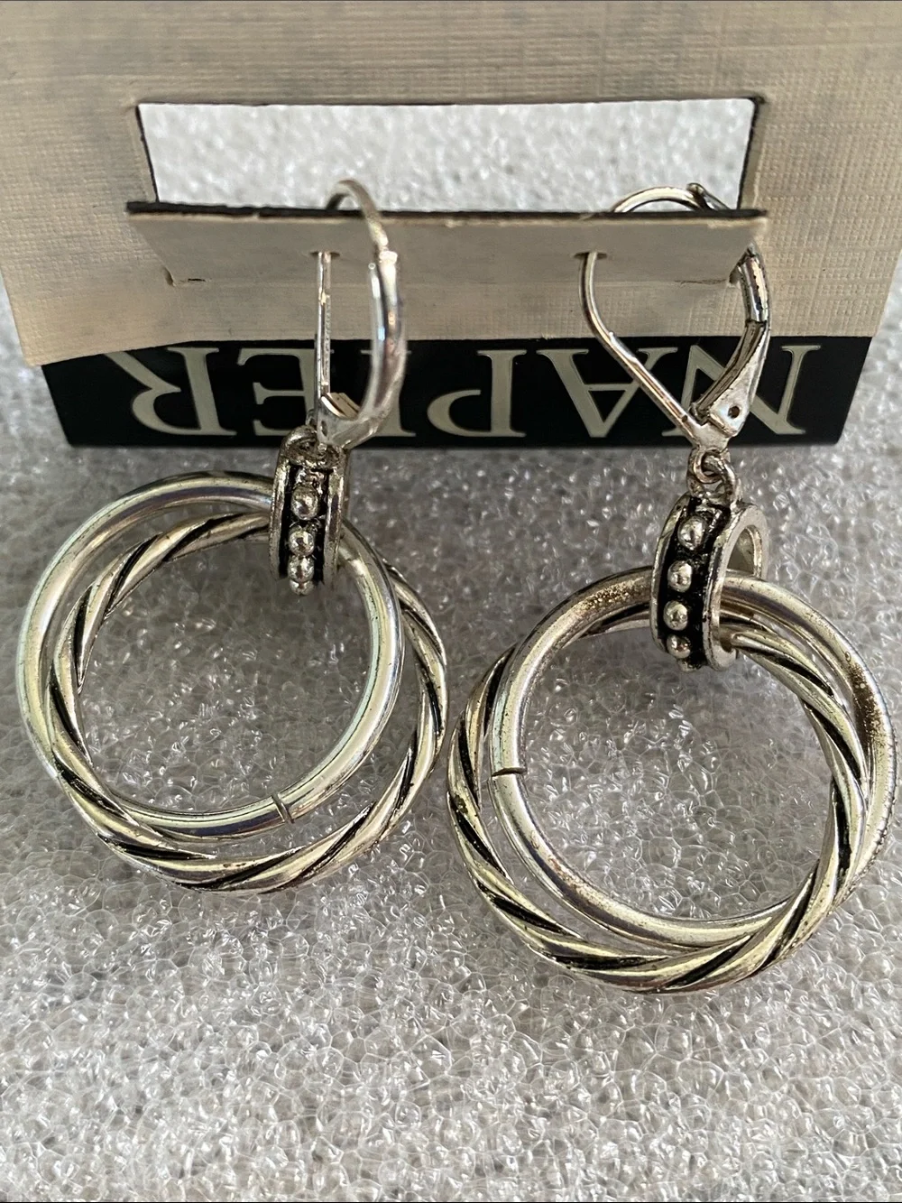 Napier Silver Multi-Hoop Drop Earrings with Accent Bead Detail NWT